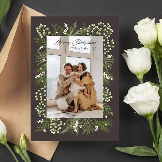 黒と緑のモダンクリスマスファミリーフォトカード 招待状