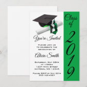 黒と緑の卒業帽とタッセル 招待状 (正面/裏面)