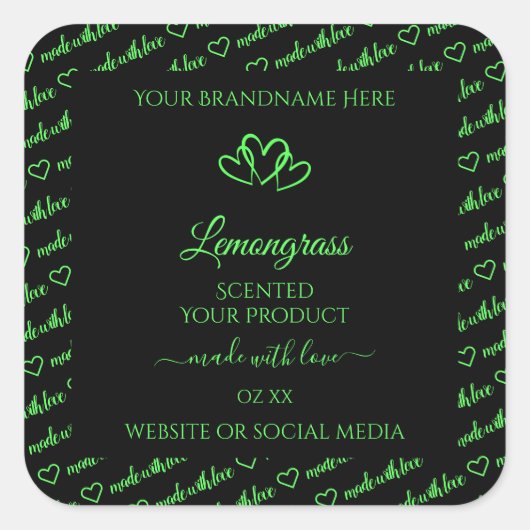 黒と緑の単語 クラウド製品ラベル ハート スクエアシール (正面)