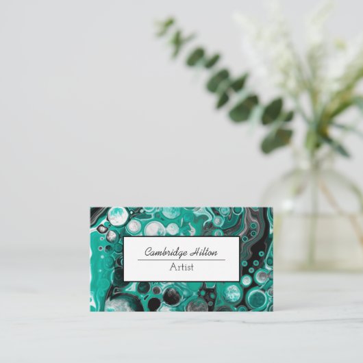 黒と緑の大理石の流体アート 名刺 (スタンド正面)