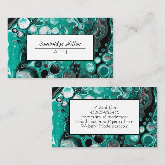 黒と緑の大理石の流体アート 名刺 (正面/裏面)