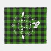 黒と緑の格子模様のクリスマスオーナメント フリースブランケット (正面(横))