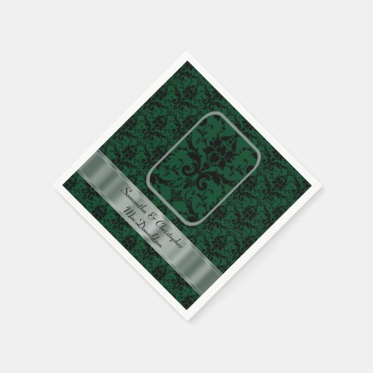 黒と緑の結婚ダマスク模様 スタンダードカクテルナプキン (角)