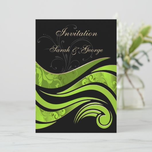 黒と緑の繁栄した結婚式招待状 招待状 (スタンド正面)