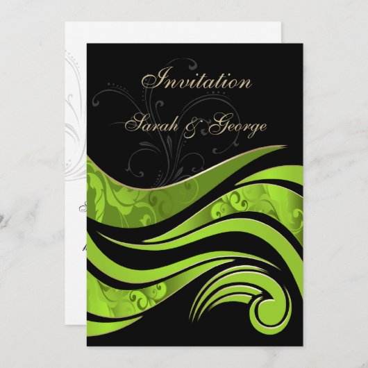 黒と緑の繁栄した結婚式招待状 招待状 (正面/裏面)
