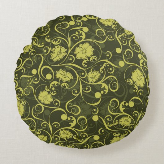 黒と緑の自然図解入りの、写真付きのフローラルパターン ラウンドクッション (正面)