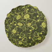 黒と緑の自然図解入りの、写真付きのフローラルパターン ラウンドクッション (裏面)