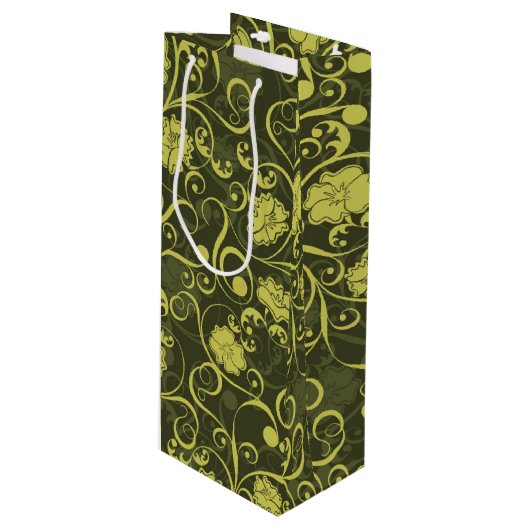 黒と緑の自然図解入りの、写真付きのフローラルパターン ワインギフトバッグ (正面アングル)