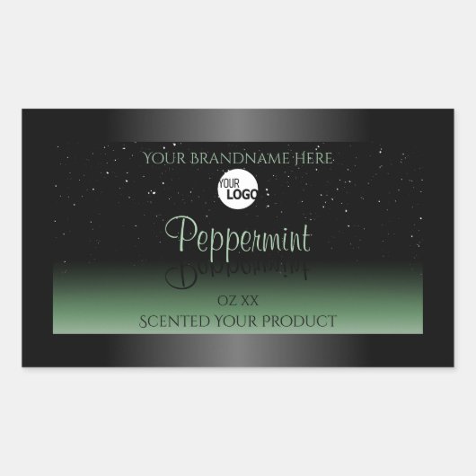 黒と緑の製品ラベルソフトグリッターロゴ 長方形シール (正面)