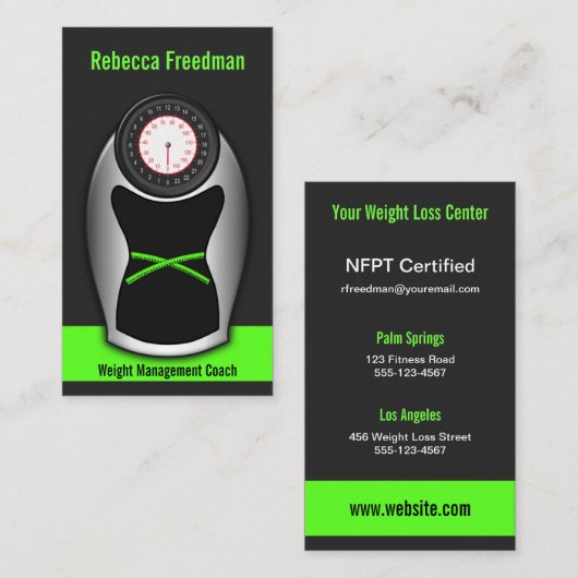 黒と緑の重量損失コーチバスルームはかりで測 名刺 (正面/裏面)