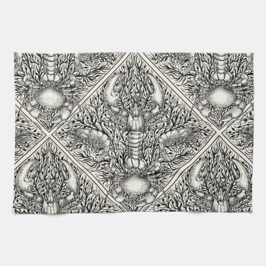 黒と自然の白の甲殻類 キッチンタオル (横)