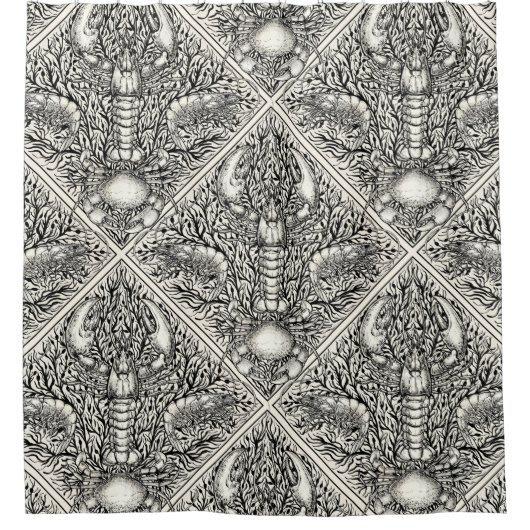 黒と自然の白の甲殻類 シャワーカーテン (正面)