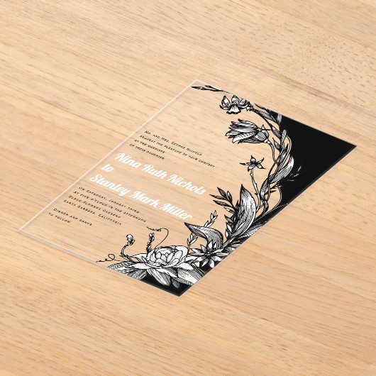 黒と花タイポグラフィ結婚フローラ アクリル招待状 (レイダウン)