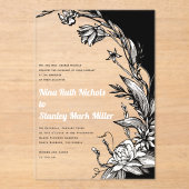 黒と花タイポグラフィ結婚フローラ アクリル招待状 (正面)