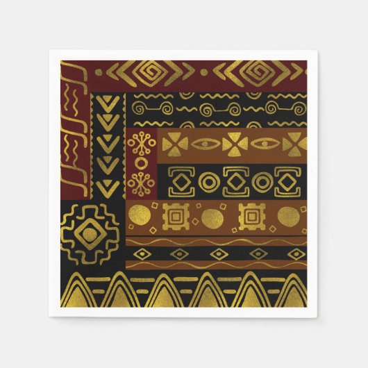 黒と茶色のアフリカの民族黄金の模様 スタンダードカクテルナプキン (正面)