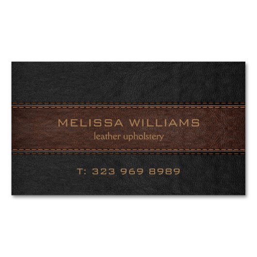 黒と茶色のステッチされた革のイメージ マグネット名刺 (正面)