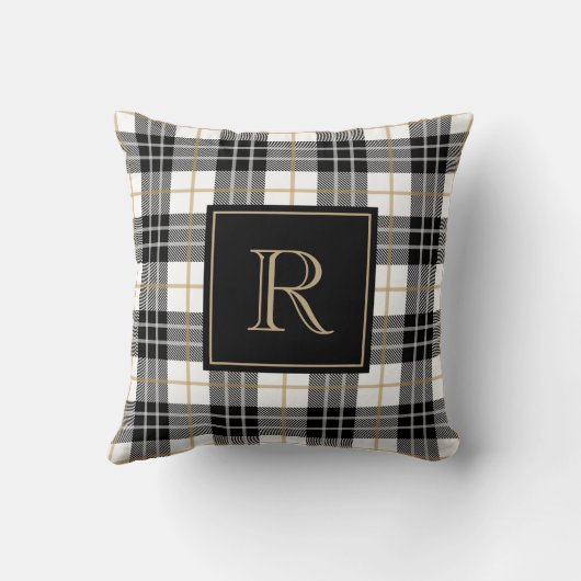 黒と茶色のタータンチェック格子状家族モノグラム クッション (裏面)