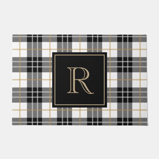 黒と茶色のタータンチェック格子状家族モノグラム ドアマット (正面)