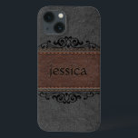 黒と茶色のレザーブラックフローラアクセント iPhone 13ケース<br><div class="desc">ヴィンテージの古い外観、黒と茶色のステッチ革と黒の装飾フローラ要素アクセントとカスタマイズ可能なモノグラムの画像。</div>