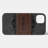 黒と茶色のレザーブラックフローラアクセント Case-Mate iPhoneケース (裏面 (横))