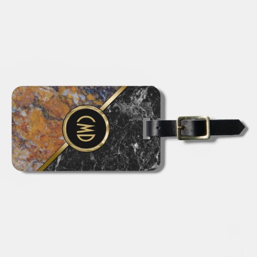 黒と茶色の大理石フェイク金ゴールドアクセント ラゲッジタグ (正面横)