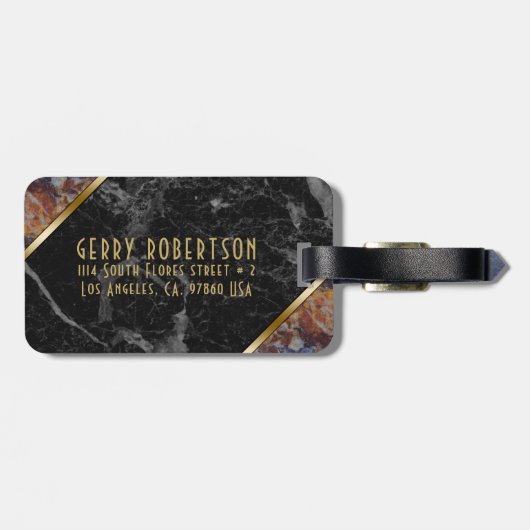 黒と茶色の大理石フェイク金ゴールドアクセント ラゲッジタグ (裏面横)