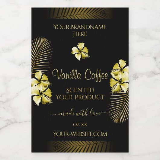 黒と茶色の製品ラベル金ゴールドハワイ花 フードラベル (シングルラベル)