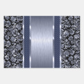 黒と薄い緑、金ゴールド、青の濃淡のダマスク ラッピングペーパーシート (正面2)