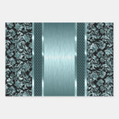 黒と薄い緑、金ゴールド、青の濃淡のダマスク ラッピングペーパーシート (正面)