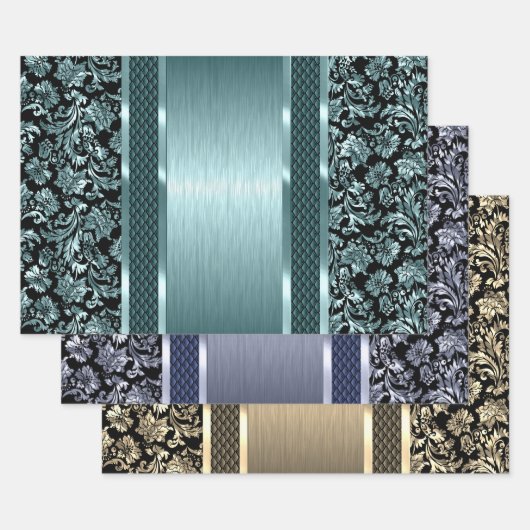 黒と薄い緑、金ゴールド、青の濃淡のダマスク ラッピングペーパーシート (セット)