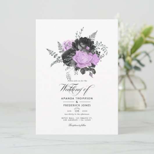 黒と薄紫のヴィンテージフローラ結婚の 招待状 (スタンド正面)
