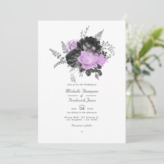 黒と薄紫のヴィンテージフローラ結婚の 招待状 (スタンド正面)