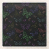 黒と虹の色の蝶飛んでいる ガラスコースター (正面)
