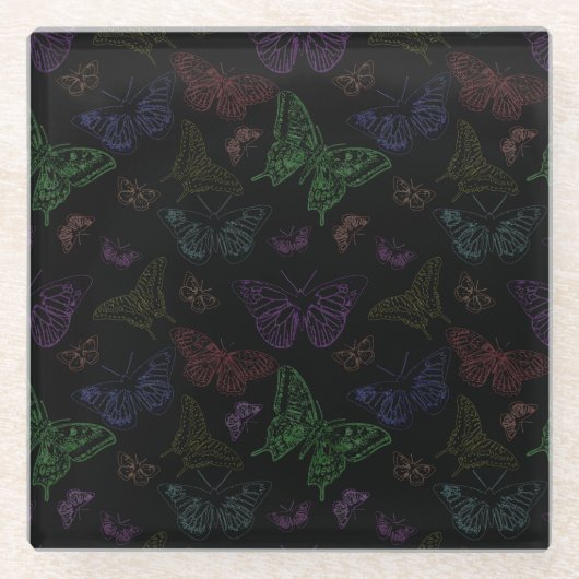 黒と虹の色の蝶飛んでいる ガラスコースター (正面)