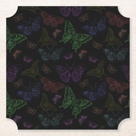黒と虹の色の蝶飛んでいる ペーパーコースター (正面)