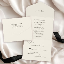 黒と象牙色のシンプルでエレガントなミニマリストの結婚式 オールインワン招待状