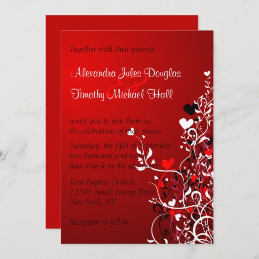 黒と赤いハートが5結婚時間365日の招待を強調 招待状 (正面/裏面)