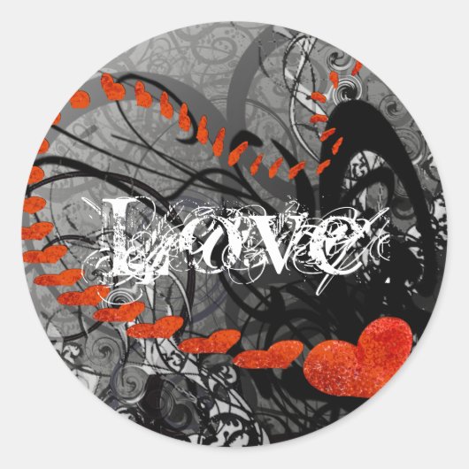 黒と赤いハートの渦巻き ラウンドシール (正面)