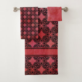 黒と赤のひし形チェーンパターン バスタオルセット