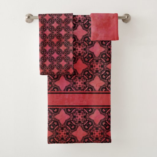 黒と赤のひし形チェーンパターン バスタオルセット (インサイチュ)