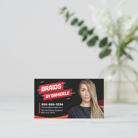 黒と赤のアフリカの髪の編みサロン写真 名刺 (スタンド正面)