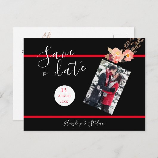 黒と赤のウェディングモダンは日付写真を保存 インビテーションポストカード (正面/裏面)