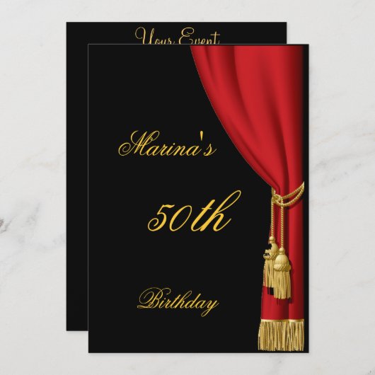 黒と赤のカーテン招待状任意誕生日 招待状 (正面/裏面)