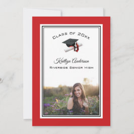 黒と赤のキャップ&タッセル |写真の卒業 招待状