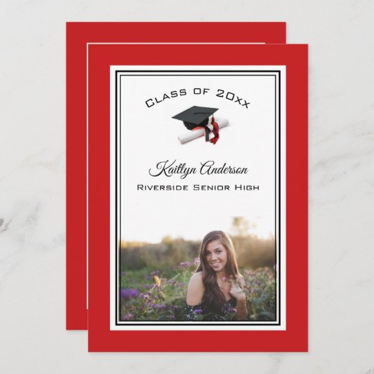 黒と赤のキャップ&タッセル |写真の卒業 招待状 (正面/裏面)