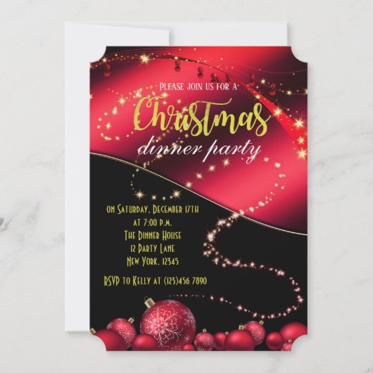 黒と赤のクリスマスディナーパーティの招待状 招待状 (正面)