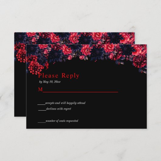 黒と赤のゴシックフラワー ダーク RSVP カード (正面/裏面)