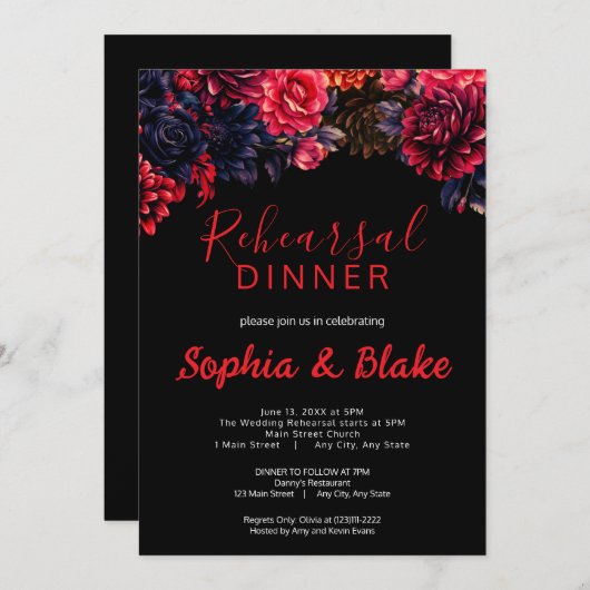 黒と赤のゴシックフローラダークリハーサルディナー 招待状 (正面/裏面)