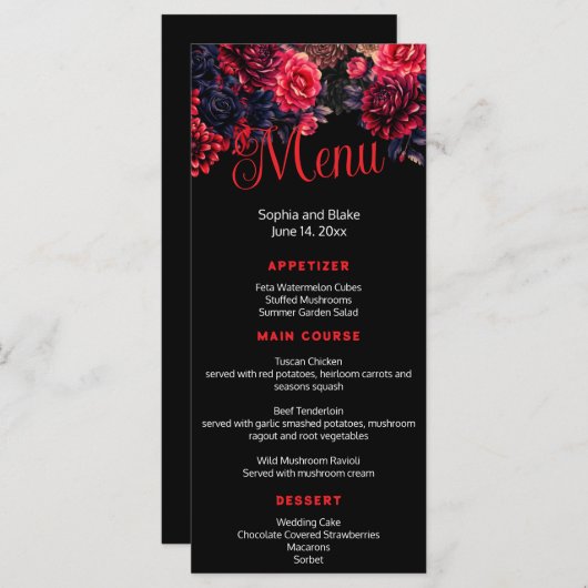 黒と赤のゴシックフローラダーク結婚のフラットメニュー メニュー (正面/裏面)