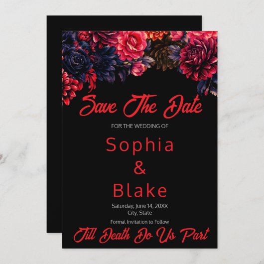 黒と赤のゴシックフローラ暗い日付を保存 招待状 (正面/裏面)